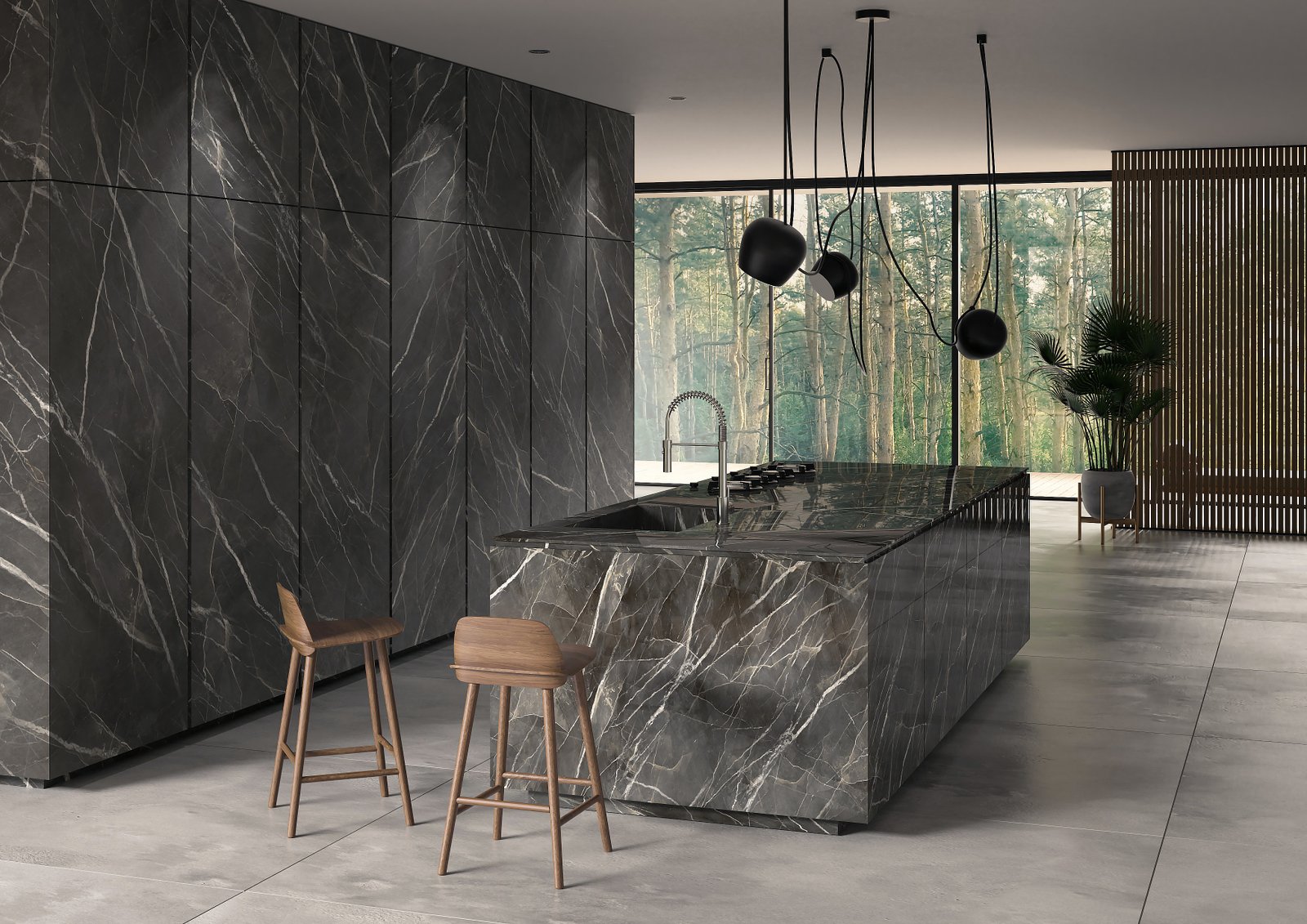 Kuchnia z wyspą i ścianą ze spieku Laminam Calacatta Black – aranżacja Marbello Stone